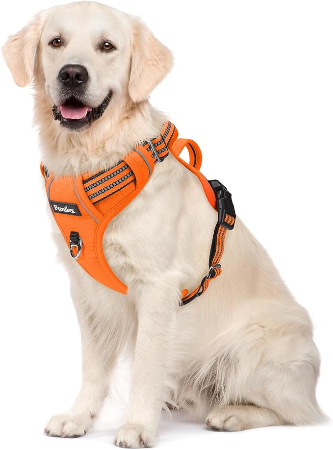 Funfox Dog Harness No Pull, Adjustable Pet Vest Harness, Super Soft Material with Vertical Handle Easy Control, Reflective Night Walking, 2 Leash Clips for Large Dogs, Orange, L-Mewly Pet