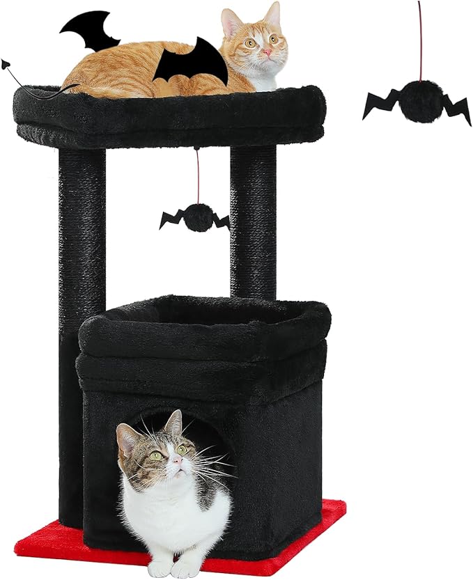 PEQULTI Cat Tree Gothic Cat Tower for Indoor Cats with Private Cozy Cat Condo, Natural Sisal Scratching Posts and Plush Pom-pom for Small Cats Black-Mewly Pet