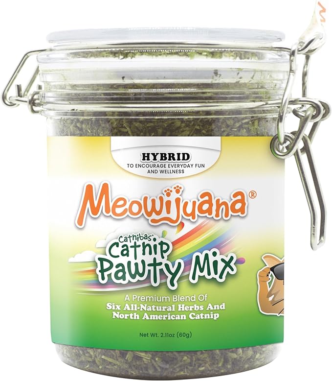 Meowijuana Catnibas Catnip Pawty Mix Jar | Premium Cat Nip for Cats with Silvervine, Passion Flower, Chamomile, Dandelion & Valerian Root | High Potency Catnip | 60g-Mewly Pet