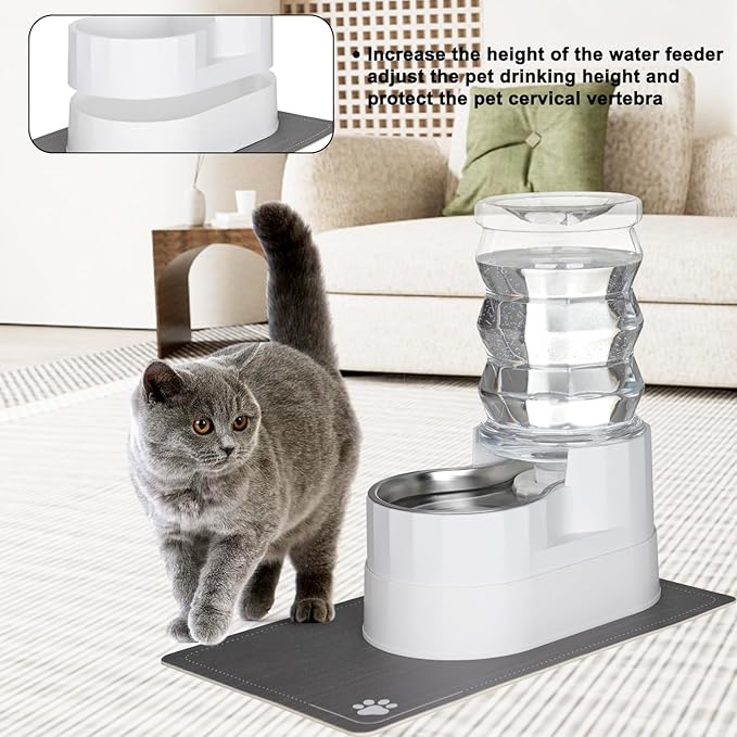 RIZZARI Pet Waterer Gravity Dispenser: White 7L Raised Bowl Feeder - Stainless Steel Anti-Leak Design - for Cats/Dogs Travel-Mewly Pet