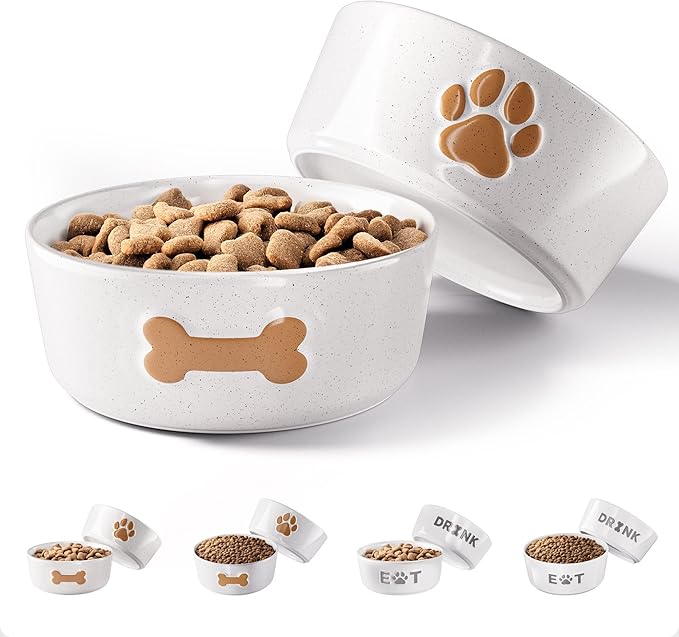 Ceramic Dog Bowl Set of 2 with Anti-Skid Base - 5" Wide x 2" Tall Ceramic Dog Bowls for Small Dogs - 2 Cup Capacity Food and Water Bowls for Dogs - Rubber Bottom Pet Bowl Set of 2 for Small Pets-Mewly Pet