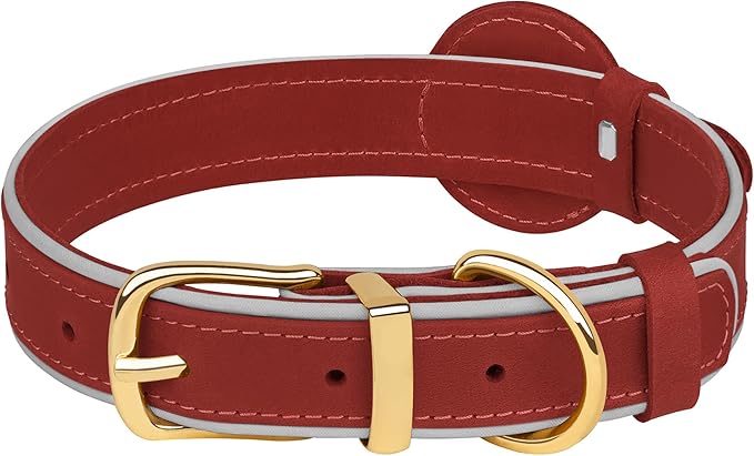 OOPSDOGGY Reflective Geniune Leather Airtag Dog Collar Soft Padded Collars for Small Medium Large Breed Dogs Puppy, 4 Sizes, 7 Colors (Red, Medium, 12"-15")-Mewly Pet