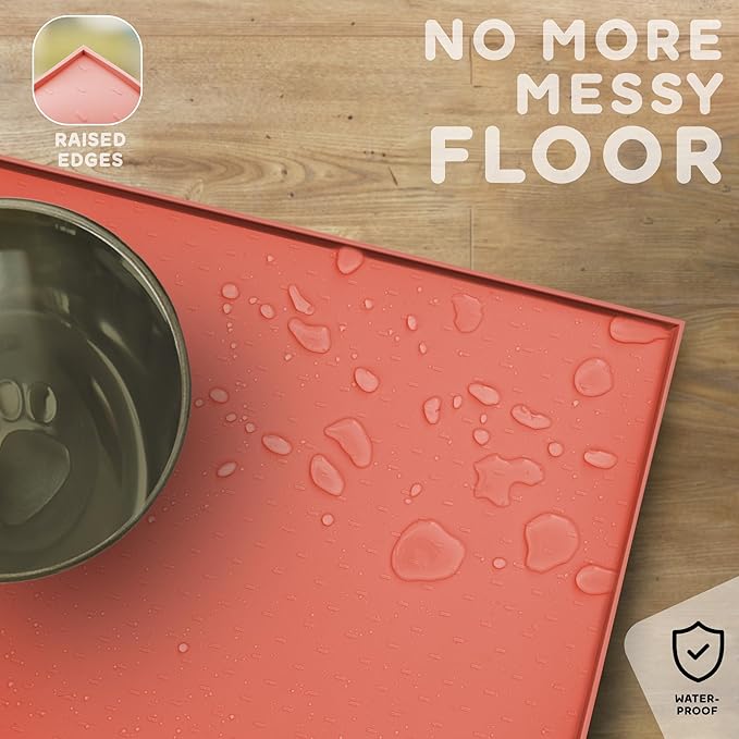 Dog Food Mat - 28x18 Raised Edges Dogs Mat for Food and Water Prevent Spill, Waterproof Cat Food Mats Protect Floors, Easy Clean Dog Bowl Mats for Food and Water, Silicone Pet Feeding Placemats-Mewly Pet
