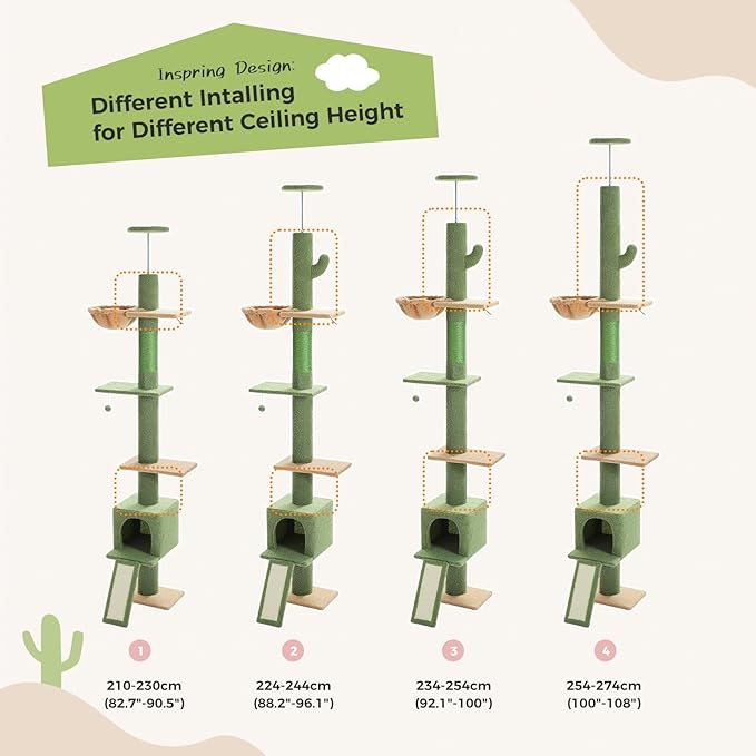 PEQULTI Floor to Ceiling Cat Tree, Tall Cat Tower, Adjustable Height (83''-108'') 5 Levels Climbing Tree for Indoor Cats with Cat Condo, Cozy Hammock and Scratching Post, Green-Mewly Pet