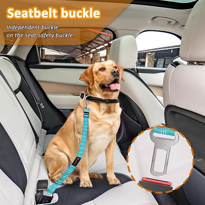 Removable Dog Seat Belt Harness for Car, 3 in 1 Pet Dog Car Seatbelt Leash, Retractable Restraint Secures to Vehicle Headrest & Adjustable Reflective Bungee Dog Seatbelt Tether, Blue and Black-Mewly Pet
