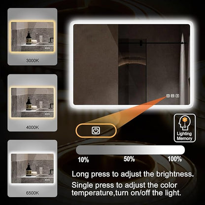 S'bagno 36"x28" LED Bathroom Mirror with Bluetooth Speaker, Anti-Fog & Waterproof, Dimmable Wall Mirror with Touch Control, 3 Light Colors, Vertical or Horizontal