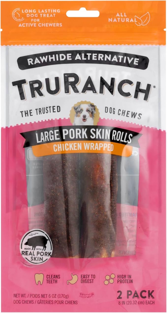 Large Pork Skin Rolls - Chicken-Wrapped Jerky Collagen Rolls - Collagen Chews for Dogs - Real Pork Skin - Rawhide Alternative - Easy to Digest Treat, 1 Bag, 2 Count-Mewly Pet