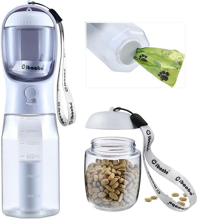 Dog Water Bottle with Food Container & Poop Bag Holder, Travel Water Bowl, Portable Pet Dispenser, Dog Stuff Accessories Items, Puppy Essentials Necessities for Yorkie Chihuahua Walking Hiking-Mewly Pet