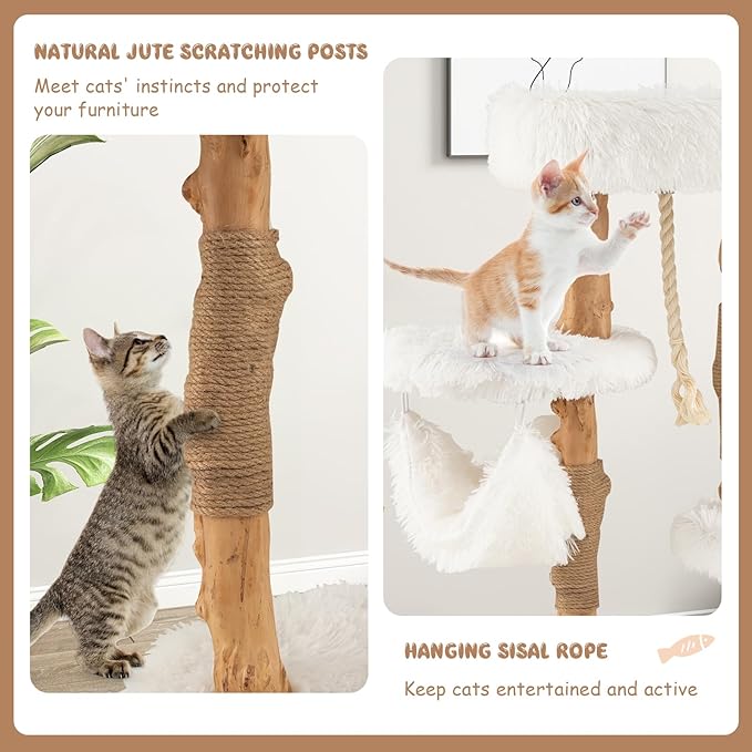 Tangkula Cat Tree Tower, Solid Wood Modern Cat Tower with Cozy Top Perch, 2 Platforms & 1 Hammock, Natural Branch Cute Cat Tree with Scratching Posts & Sisal Rope for Indoor Cats-Mewly Pet