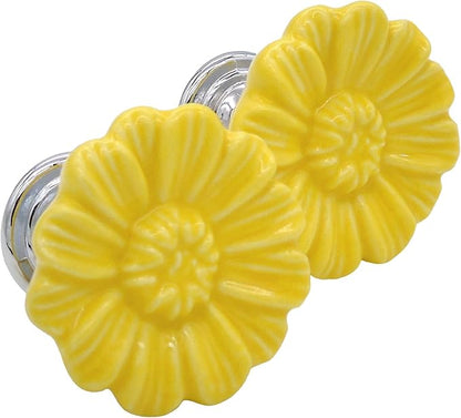 6PCS Vintage Floral Daisy Ceramic Dresser Drawer Knobs Elegant Cabinet Cupboard Door Hardware Pull Handles w/Screws Yellow