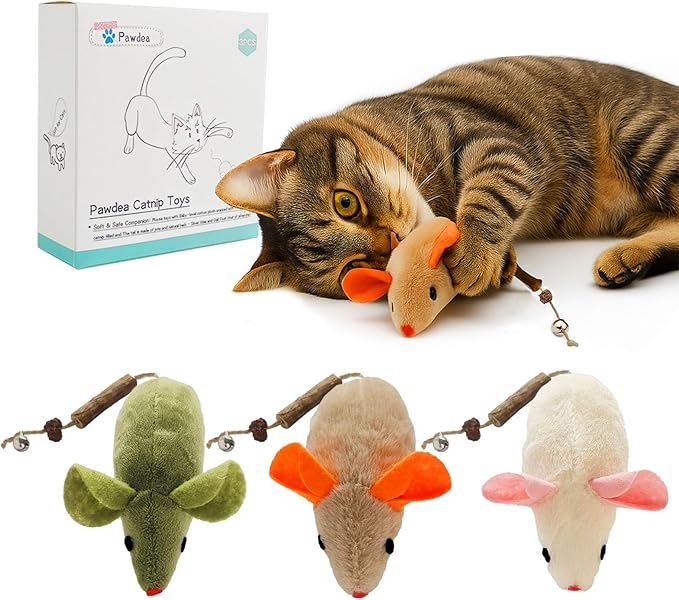 Cat Toys for Indoor Cats, 3Pcs Large 8.9" Plush Mouse Kitten Toys with Bell Tail Sound, Organic Catnip with Silvervine, Individually Packaged Dental Chew Matatabi for Exercise & Oral Health-Mewly Pet