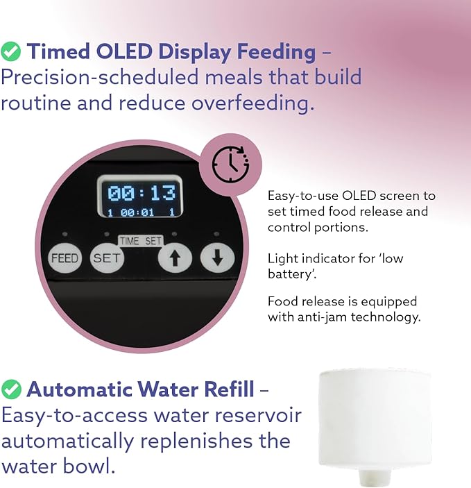 Automatic Dog & Cat Food Feeder with Water Dispenser – Smart Pet Feeder with Portion Control, OLED Display, Anti Jam Design, Battery Operated Dispenser for Medium/Large Pets - Black-Mewly Pet