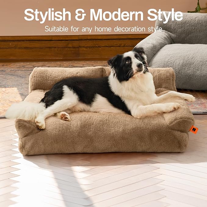 MEWOOFUN Cat Bed for Indoor Cats, Washable Dog Beds for Small Medium Dogs & Cats, Fluffy Cat Couch with Non-Slip Bottom, 26×19×13 Inch (Camel, 33.5" L x 25.6" W x 11.5" Th)-Mewly Pet