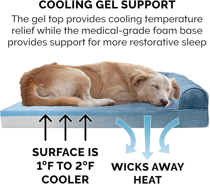Furhaven Cooling Gel Dog Bed for Medium/Small Dogs w/ Removable Bolsters & Washable Cover, For Dogs Up to 35 lbs - Faux Fur & Velvet Sofa - Harbor Blue, Medium-Mewly Pet