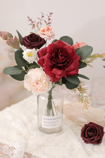 Artificial Flowers Combo Box Set Burgundy Pink Fake Flower Leaf Box with Stems for DIY Wedding Bouquets Centerpieces Arch Arrangement Baby Shower Party Home Decorations