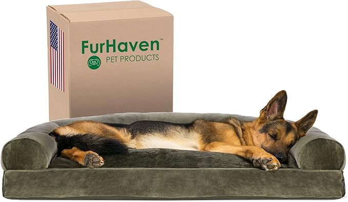 Furhaven Pillow Dog Bed for Large Dogs w/ Removable Bolsters & Washable Cover - Faux Fur & Velvet Sofa - Dark Sage, Jumbo/XL-Mewly Pet