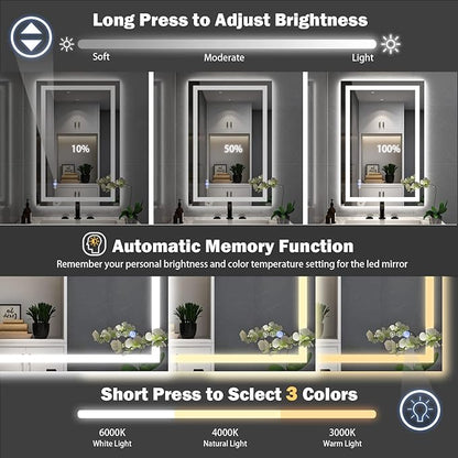 24''x36'' LED Bathroom Mirror with Front + Backlit, Tempered Glass Bathroom Mirror with Lights, Anti-Fog, 3 Colors with Stepless Dimmable Memory Bathroom Vanity Mirror for Wall, Shatterproof