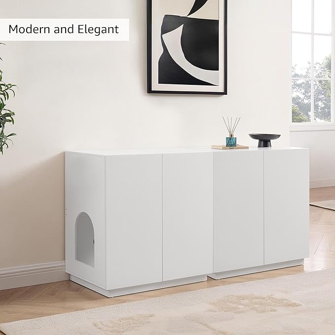 unipaws Tall Cat Litter Box Enclosure with Shelves, Hidden Litter Box Cover for Tall or Top Entry Litter Box, Kitty Enclosed Litter Box Cabinet, Cat Box Furniture， White-Mewly Pet