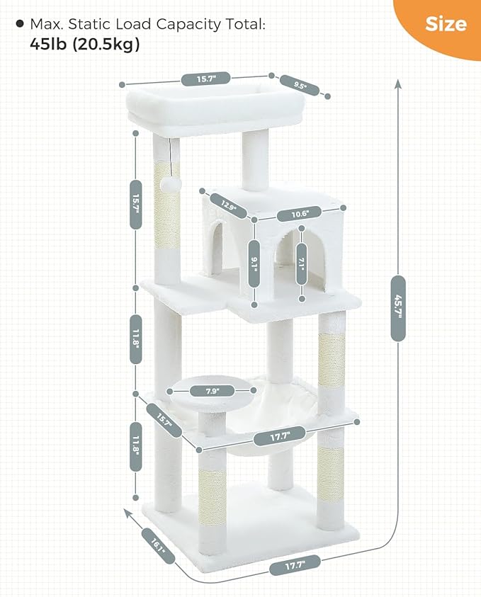 White Cat Tree for Indoor Cats, 45.7" Multi-Level Cat Tower with Large Metal Frame Hammock, Cat Condo with 4 Scratching Posts and Top Perch, White-Mewly Pet