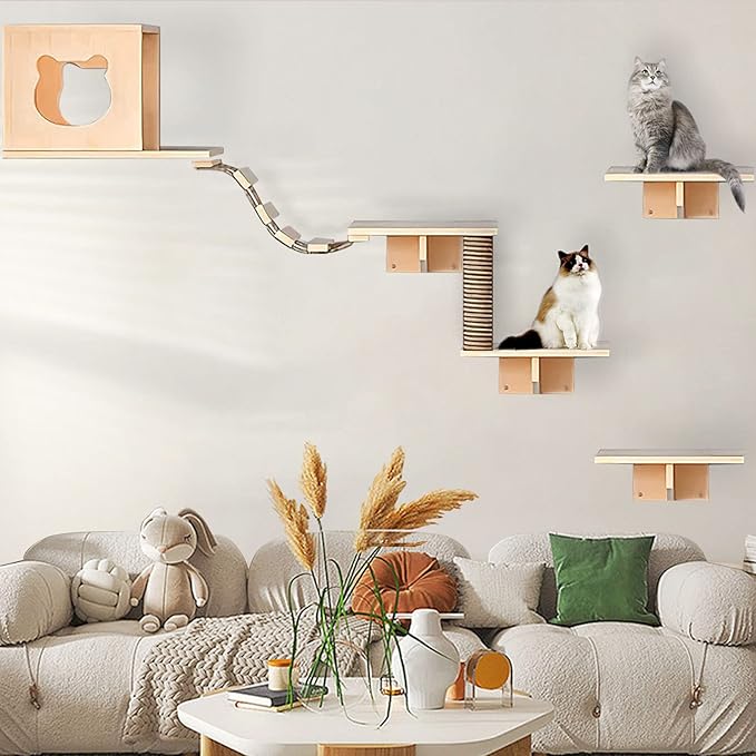 Cat Wall Shelves and Furniture Set with Condos, Perches, Bridge Ladders, Sisal Scratching Posts - Steps and Houses for Cats (A)-Mewly Pet