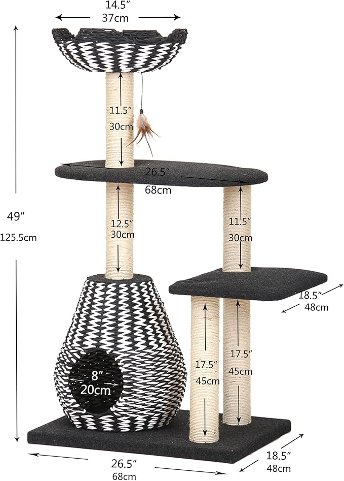PetPals Ace 4-Level Multi-Activity Cat Tree with Handwoven Recycled Paper Rope Condo and Top Nest Bed, Replaceable Sisal Scratching Posts, Feather Teaser Toy, Black & White-Mewly Pet