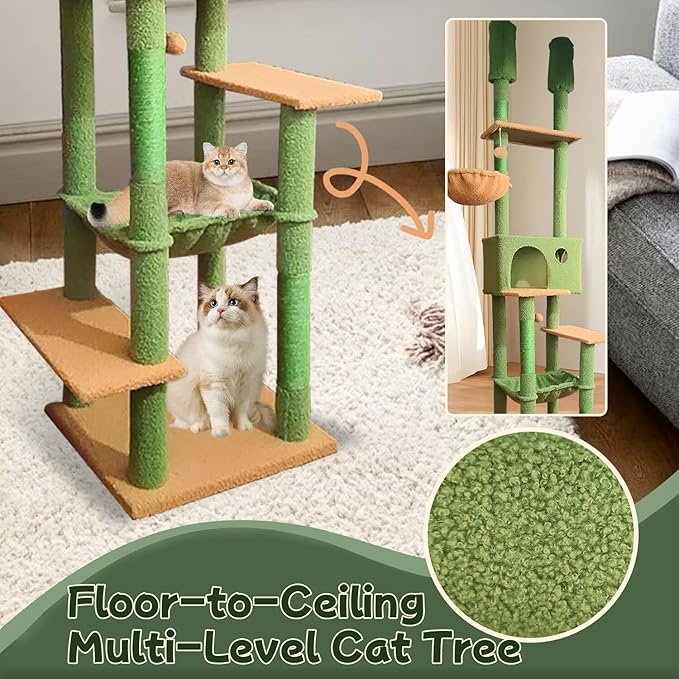 96.5"-108" Cat Tree Floor to Ceiling 7-Tier Cat Tower Adjustable Height with Scratching Posts, Cozy Hammock, Cat Condo for Indoor Cats(Green)-Mewly Pet