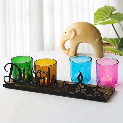 Diwali Home Decoration, Diwali Gifts, Colorful Glass Votive Tealight Candle Holders with Wooden Tray for Table Centerpiece