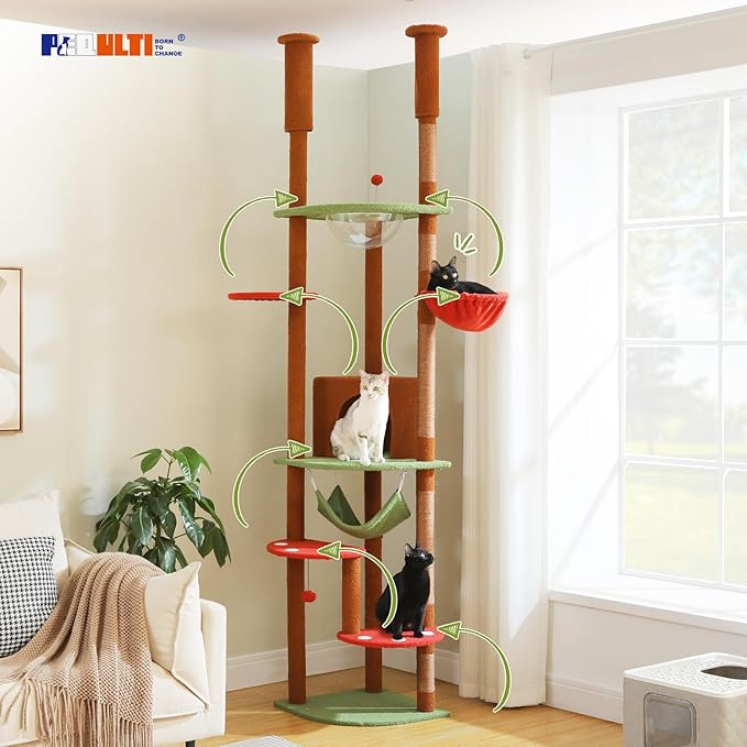 PEQULTI Floor to Ceiling Cat Tree 92.9’’-101.6’’ Height Adjustable Mushroom Cat Tower Tall Climbing Play House with Scratching Posts, Cozy Condo, Perches and Large Hammock for Indoor Cats Brown-Mewly Pet