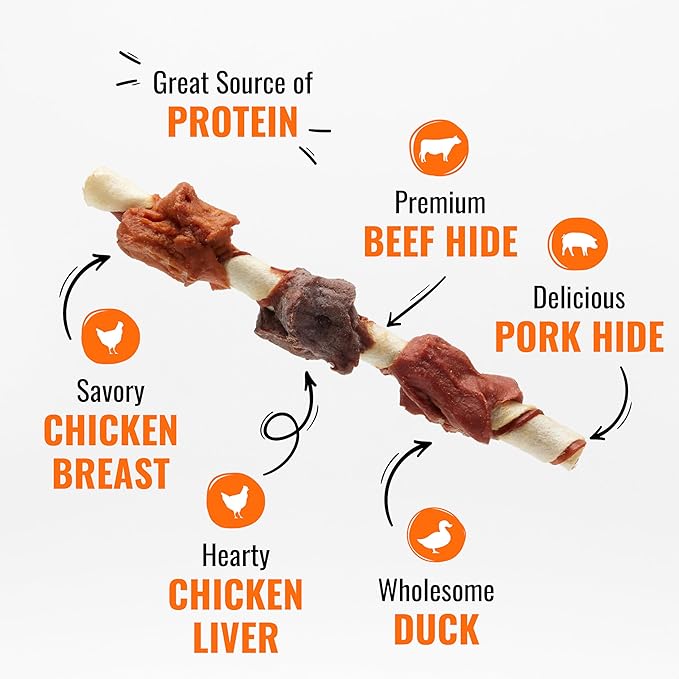 Good ‘n’ Fun Triple Flavor Kabobs Chews for All Dogs, 18 Count, Treat Your Dog to Chews Made from Beef Hide, Real Chicken, Pork Hide, Duck and Chicken Liver-Mewly Pet