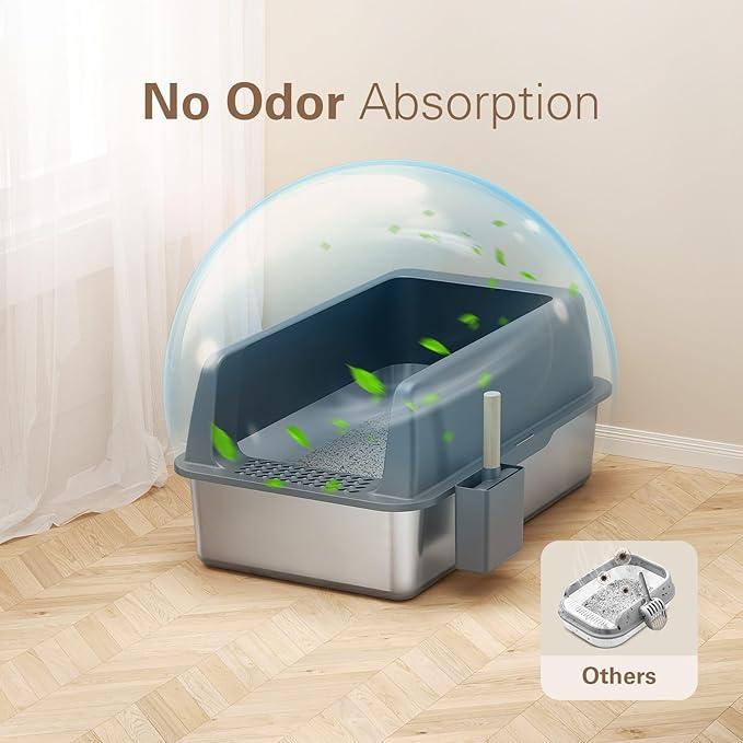 Zarler Stainless Steel Litter Box with Lid, Extra Large Cat Litter Boxes, XL Large Metal Litter Box for Big Cats with High Sided, Light Grey (Non-Sticky, Easy to Clean, Anti-Urine Leakage)-Mewly Pet