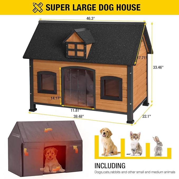 Aivituvin Dog House with Insulated Liner Anti-Chewing Metal Frame Design Insulated Wooden Dog Kennel with Unique Design Roof, Weatherproof Dog House for Outdoor Indoor-Mewly Pet