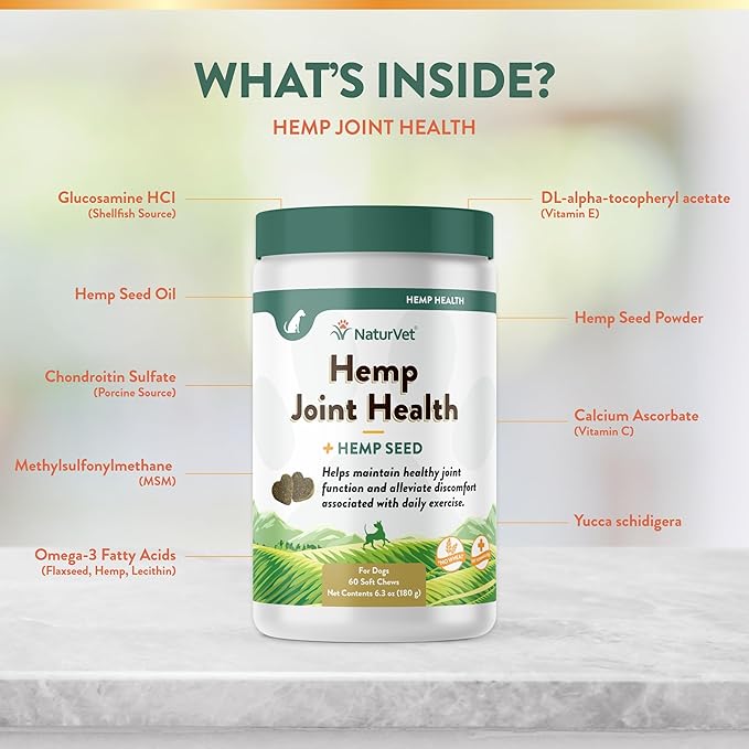 NaturVet Hemp Joint Health, Joint Care Support Supplement for Dogs, Soft Chews, 60ct Made in The USA-Mewly Pet