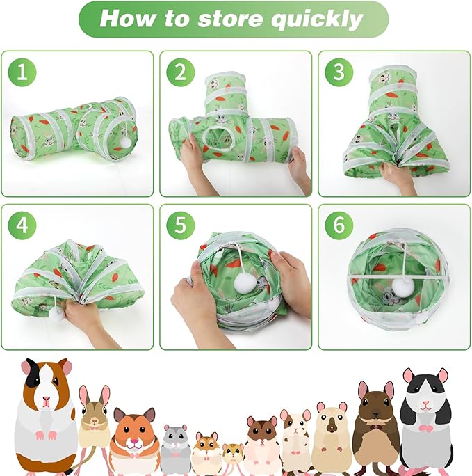Rypet Guinea Pig Tunnel 3 Way Collapsible Small Pet Tunnels and Tubes with Interactive Ball for Baby Rabbit Ferret Hamster Chinchilla Hedgehog Hiding and Resting-Green-Mewly Pet