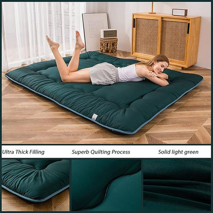 MAXYOYO Japanese Floor Mattress Futon Mattress, Thicken Sleeping Pad Foldable Roll Up Floor Futon for Adults Tatami Mat Dormitory Bed Lounger, Dark Green, Queen Size