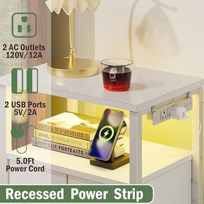 Furnulem 4 Drawer Dresser with Led Light and Charging Station, White Night Stand with Storage Shelf and Fabric & PVC Drawer, 33 Inch Bedside Table, Tall Nightstand for Entryway, Bedroom Furniture