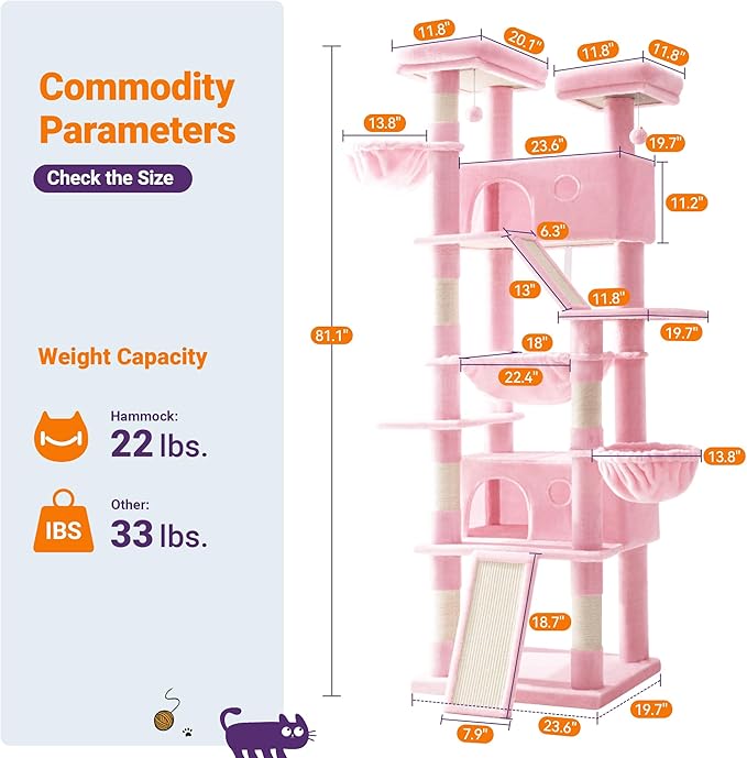 Allewie 81 Inches Tall Cat Tree/Multi-Level Large Climbing Tree House and Towers for Big Feline/Condo and Hammock/Scratching Post/Wide Base/Pink-Mewly Pet
