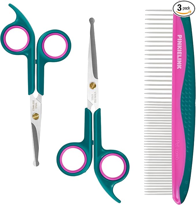 Pet Grooming Scissors Kit, Dog Grooming Shears with Stainless Steel Rounded Tip Blades for Safe Fur Trimming for Dog, Cat, Includes Pet Comb (Set of 3)-Mewly Pet