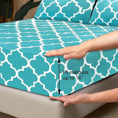 Mejoroom Full Bed Sheet Set - Super Soft Brushed Microfiber 1800 Thread Count Sheets with 16 inch Deep Pocket - Wrinkle Free - 4 Piece(Full, Aqua Quatrefoil with White Pattern)