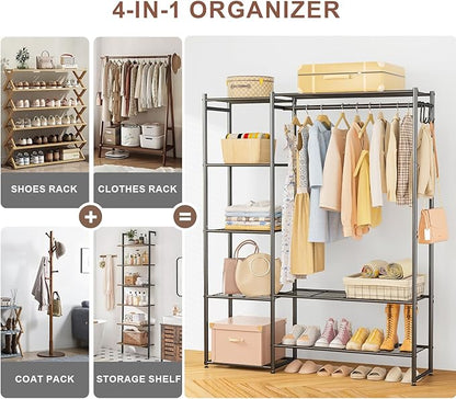 Wardrobe Closet, Portable Clothing Rack for Hanging Clothes, Free Standing Closet Organizers and Storage System with 4 Tiers Shelves for Cloakroom Bedroom, Black