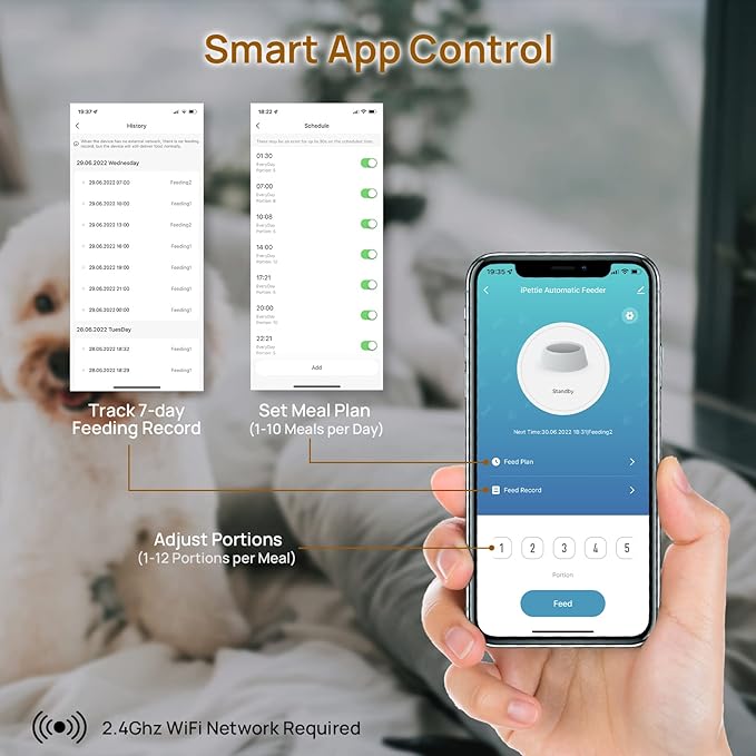 iPettie Automatic WiFi Pet Feeder for 2 Pets, 5L/21 Cup Capacity, 1-10 Meals Per Day, Adjustable Bowl Height, Smart Dog Cat Feeder with 2 Stainless Steel Bowls, Voice Recording, 2.4G WiFi App Control-Mewly Pet