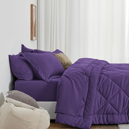 Love's cabin California King Comforter Set Purple, 7 Pieces California King Bed in a Bag, All Season Bedding Sets with 1 Comforter, 1 Flat Sheet, 1 Fitted Sheet, 2 Pillowcase and 2 Pillow Sham