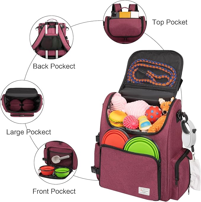 Modoker Dog Travel Bag Backpack, Airline Approved Pet Accessories Organizer for Dog and Cat with Shoulder Strap, 2 Dog Food Storage Containers, 2 Collapsible Dog Bowls,1 Pet Mat, Rose Red-Mewly Pet