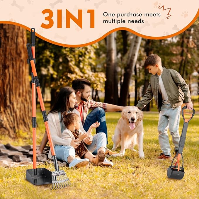28" Pooper Scooper and 38" Heavy Duty Stainless Steel Rake & Tray Set, 3 in 1 Portable Dog Pooper Scooper Set for Large Medium Small Dogs in Grass, Dirt or Gravel-Mewly Pet