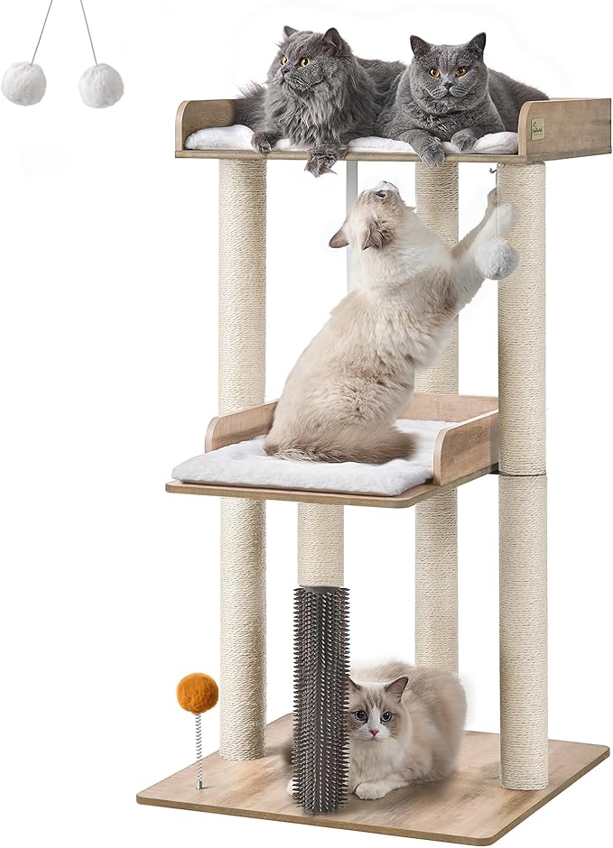 FourFurPets 43.7" Cat Tree, Modern Cat Tree Tower, Cat Tower for Indoor Cats Large Adult, Cat Condo with Scratching Post, Large Perch and Removable Pads, Greige-Mewly Pet