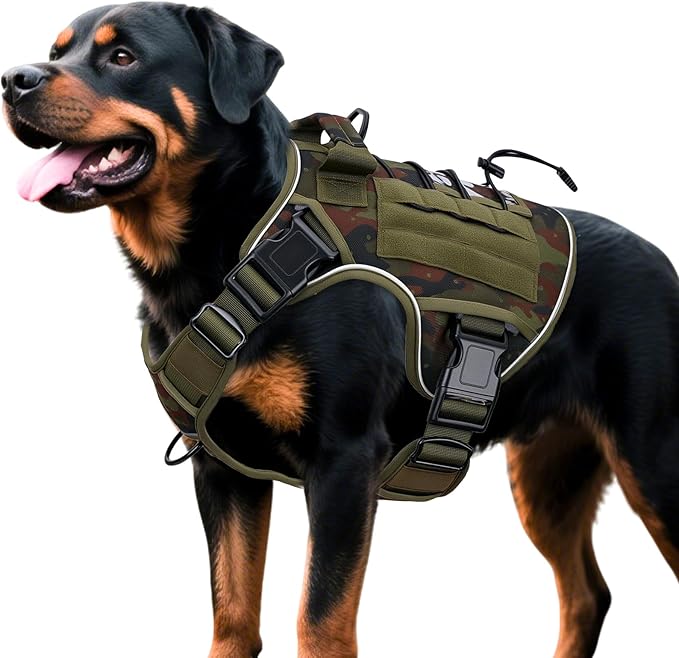 Heavy-Duty Tactical Dog Harness for Large Dogs, No Pull Adjustable Reflective Pet Vest with Molle System, K9 Military-Grade Control for Service Training, Outdoor & 10+ Breeds, Green Camo, XX-Large-Mewly Pet