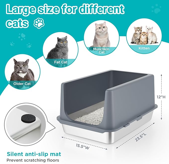 LIHONG Stainless Steel Litter Box with Lid, XL Metal Cat Litter Tray for Indoor Cats, Enclosure Cat Litter Pan for Large Cats, Non-Sticky Large Kitty Litter Box, Anti-Leakage, 23.5" X 15.6" X 12"-Mewly Pet
