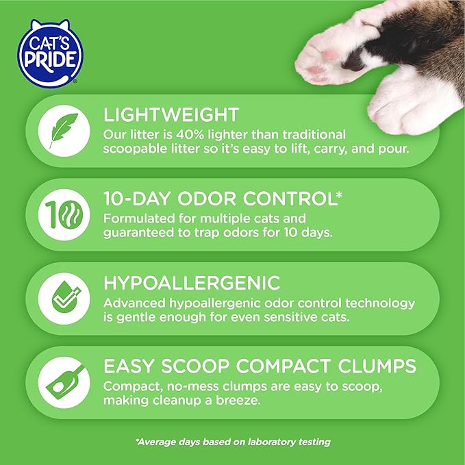 Cat's Pride Premium Lightweight Clumping Litter: Complete Care - Up to 10 Days of Powerful Odor Control - Hypoallergenic - Multi-Cat, Unscented, 18 Pounds-Mewly Pet