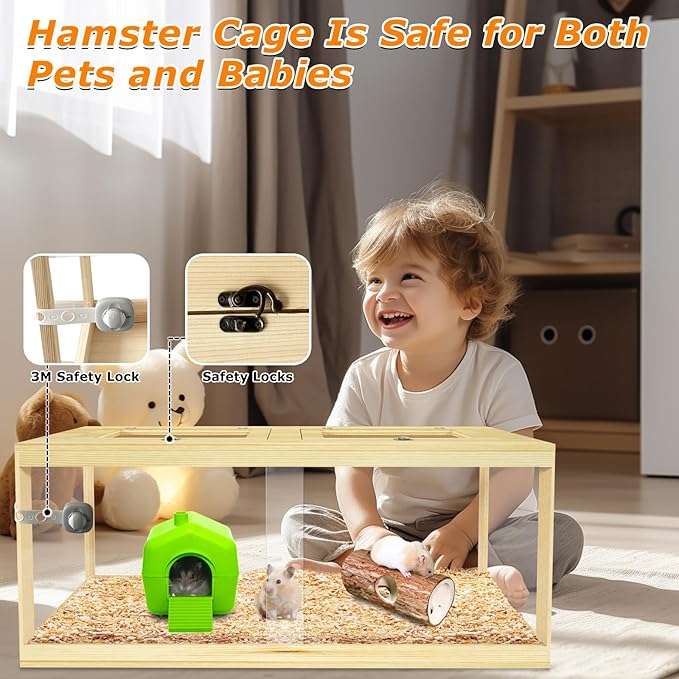 Large Hamster Cage 48", Front Opening Lockable Sliding Door Gerbil Cage, Dwarf Hamster Cage with Metal Mesh Roof, Chewproof Syrian Hamster Habitat Enclosure, (Wooden, 48" L x 20" W x 20" H)-Mewly Pet