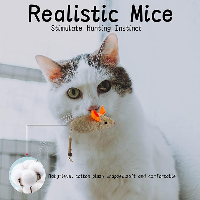 Cat Toys for Indoor Cats, 3Pcs Large 8.9" Plush Mouse Kitten Toys with Bell Tail Sound, Organic Catnip with Silvervine, Individually Packaged Dental Chew Matatabi for Exercise & Oral Health-Mewly Pet