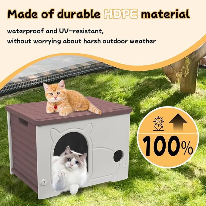 Plastic Outdoor Cat House Waterproof Feral Cat Shelter(Coffee)-Mewly Pet